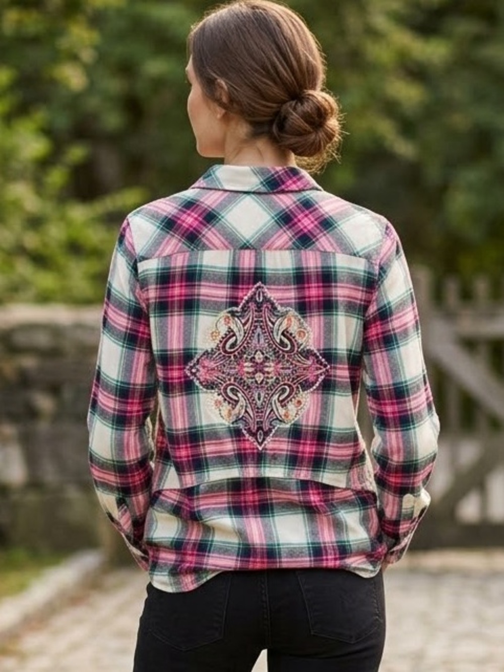 Tolani Collection Plaid Button-Down Shirt with Embroidered Back & Pockets